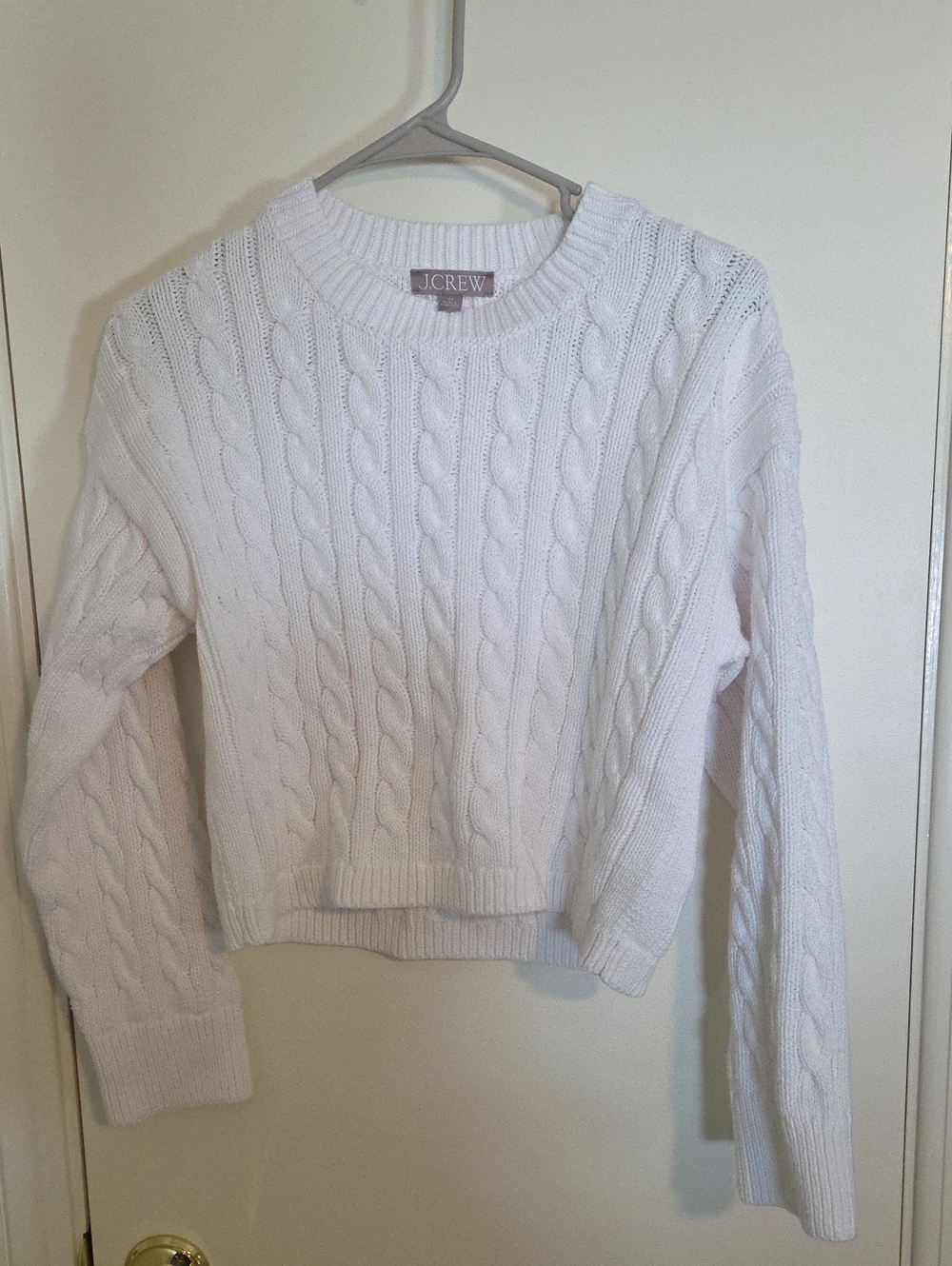 J.Crew White Cable-Knit Crewneck Cropped Sweater
